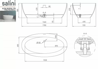 Ванна Salini ALDA NUOVA Up&Down S-Sense Sapirit 178х92 RAL глянец