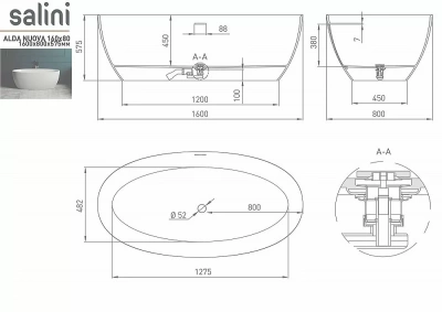 Ванна Salini ALDA NUOVA Up&Down S-Stone Solix 160х80 белая/снаружи RAL матовая
