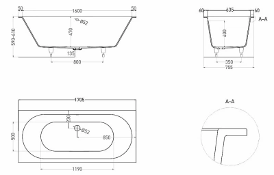 Ванна Salini Ornella AXIS S-Sense 103413MRF 170x75 белая/полностью RAL матовая