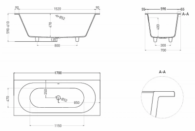 Ванна Salini Ornella AXIS S-Sense 104613MRF 170x70 белая/полностью RAL матовая