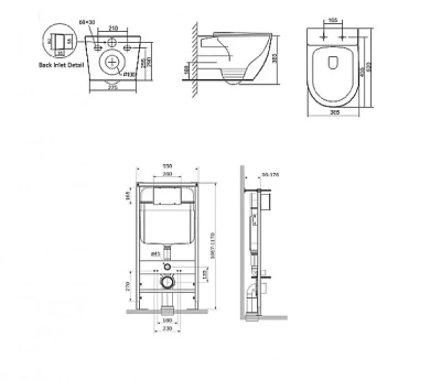 Унитаз SantiLine SL-5025+SL-01 безободковый, слив торнадо, с инсталляцией  с крышкой микролифт, белый/кнопка хром