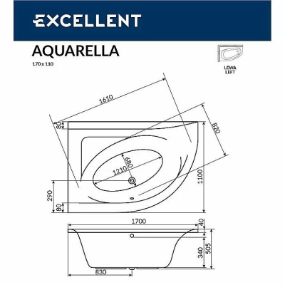 Ванна акриловая EXCELLENT Aquarella RELAX WAEX.ARL17.RELAX.CR 170x110 белая с гидромассажем