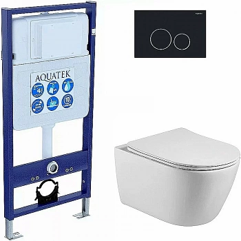 Унитаз Aquatek Бетта SET AQUATEK БЕТТА+KDI-0000020 с инсталляцией и кнопкой черный матовый/хром, с крышкой микролифт, безободковый