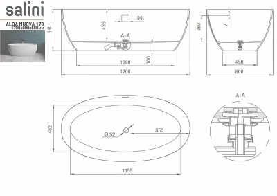 Ванна Salini ALDA NUOVA Up&Down S-Sense Sapirit 170х80 RAL глянец