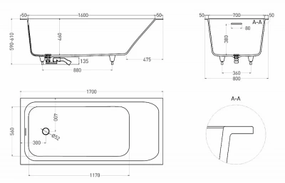 Ванна Salini Orlanda KIT S-Sense 102116MRH 170х80 белая/снаружи RAL матовая