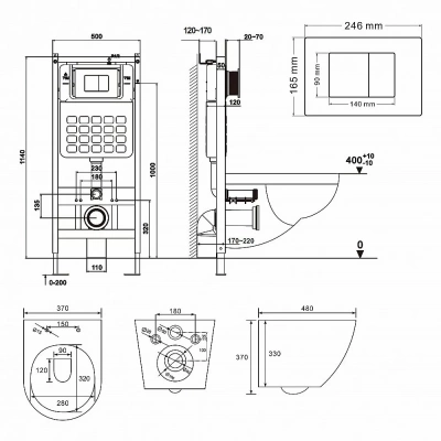 Комплект унитаза и биде с инсталляцией Abber Bequem AC1100MB-AC0105-AC0120MB-AC1150MB-AC0101P черный матовый/кнопка черная матовая, безободковый, с крышкой микролифт
