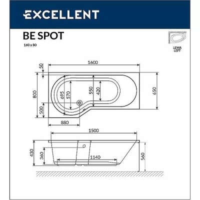 Ванна акриловая EXCELLENT Be Spot SOFT WAEX.BSL16.SOFT.BR 160x80 белая с гидромассажем
