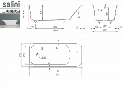Ванна Salini Orlanda Kit S-Sense Sapirit 160х70 RAL глянец