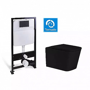 Унитаз SantiLine SL-5027MB+SL-04 безободковый, с инсталляцией, слив торнадо, с крышкой микролифт, черный матовый/кнопка черная матовая