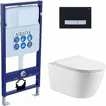 Унитаз Aquatek Оберон SET AQUATEK ОБЕРОН+KDI-0000031 с инсталляцией и кнопкой черный матовый/никель, с крышкой микролифт, безободковый