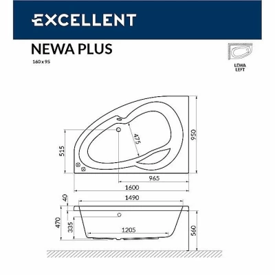 Ванна акриловая EXCELLENT Newa RELAX WAEX.NEL16.RELAX.BR 160x95 белая с гидромассажем