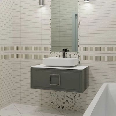 Тумба с раковиной LA FENICE Cubo Grigio 90 серая, столешница белая/ручка хром