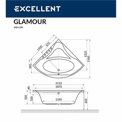 Ванна акриловая EXCELLENT Glamour SOFT WAEX.GLA15.SOFT.GL 150x150 белая с гидромассажем