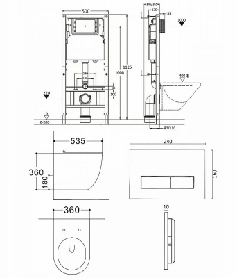 Унитаз подвесной с инсталляцией Agger ATI03144+APB200 черный матовый, с крышкой микролифт, безободковый, с кнопкой хром