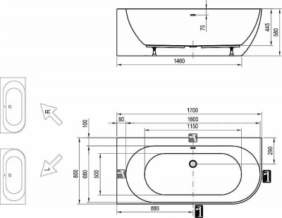 Ванна акриловая Ravak FREEDOM Corner R/L 170x80 слив-перелив черный
