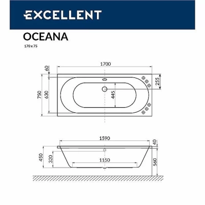 Ванна акриловая EXCELLENT Oceana NANO WAEX.OCE17.NANO.CR 170x75 белая с гидромассажем