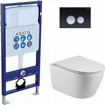 Унитаз Aquatek Бетта SET AQUATEK БЕТТА+KDI-0000029 с инсталляцией и кнопкой черная/хром, с крышкой микролифт, безободковый