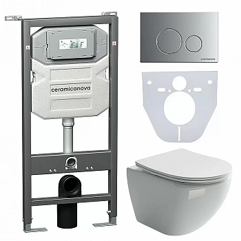 Унитаз подвесной Ceramica Nova Metropol CN4002_1001M_1000  безободковый, с крышкой микролифт, с инсталляцией и белой кнопкой хром матовый
