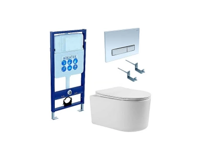 Унитаз с инсталляцией Aquatek Мия SET AQUATEK МИЯ 4в1 с белой кнопкой, с крышкой микролифт, безободковый