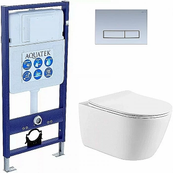 Унитаз Aquatek Оберон SET AQUATEK ОБЕРОН+KDI-0000027 с инсталляцией и кнопкой никель, с крышкой микролифт, безободковый