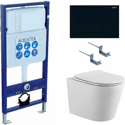 Унитаз Aquatek Вега SET AQUATEK ВЕГА cmp-017 с инсталляцией и черной матовой кнопкой, с крышкой микролифт, безободковый