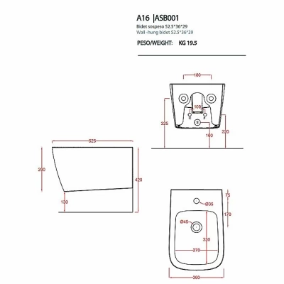 Биде подвесное Artceram A16 ASB001 01 86*1 белый глянцевый/декор Cementina