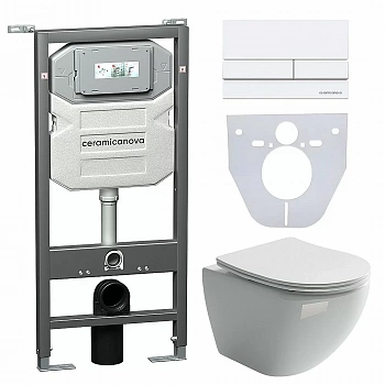 Унитаз подвесной Ceramica Nova Metropol CN4002_1002W_1000  безободковый, с крышкой микролифт, с инсталляцией и белой кнопкой