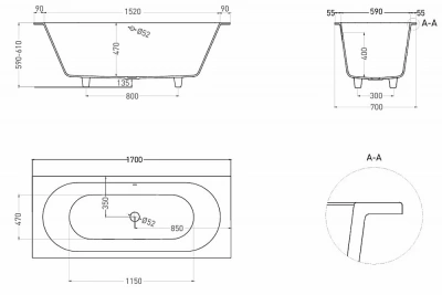 Ванна Salini Ornella AXIS S-Stone 104623MRF 170x70 белая/полностью RAL матовая