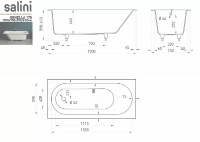 Ванна Salini ORNELLA S-Sense Sapirit 170х75 белая/внутри RAL глянец