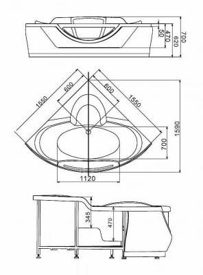Ванна акриловая Gemy Glass Panel G9025 II C 155х155 белая с гидромассажем