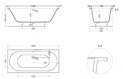 Ванна Salini Ornella AXIS S-Sense 103411MRH 180x80 белая/снаружи RAL матовая