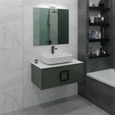 Тумба с раковиной LA FENICE Cubo Grigio 90 серая, столешница белая/ручка черная