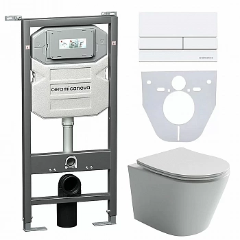 Унитаз подвесной Ceramica Nova Balearica CN6000_1002W_1000 безободковый, с крышкой микролифт, с инсталляцией и белой кнопкой