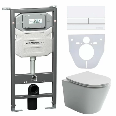 Унитаз подвесной Ceramica Nova Balearica CN6000_1002W_1000 безободковый, с крышкой микролифт, с инсталляцией и белой кнопкой