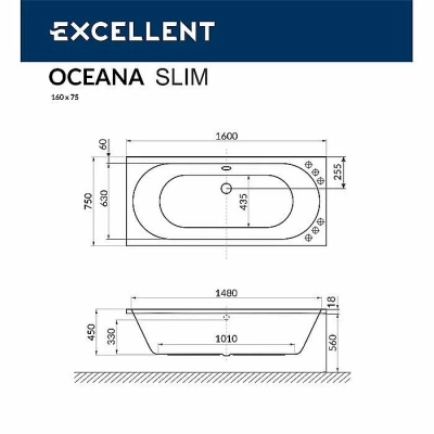 Ванна акриловая EXCELLENT Oceana Slim RELAX WAEX.OCE16S.RELAX.BR 160x75 белая с гидромассажем