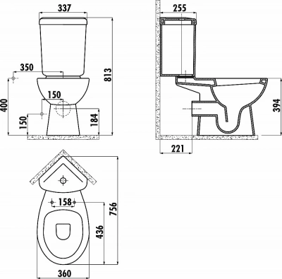 Унитаз напольный угловой CREAVIT CORNER SD310-11 белый, с бачком