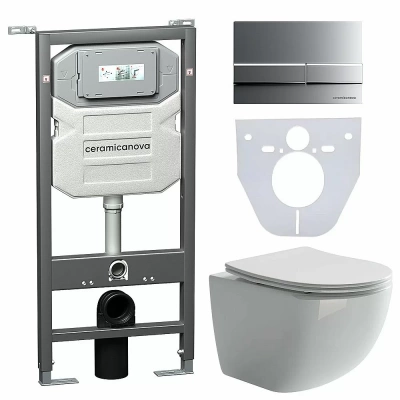 Унитаз подвесной Ceramica Nova Forma CN3009_1002M_1000 безободковый, с крышкой микролифт, с инсталляцией и кнопкой матовый хром