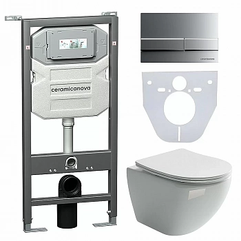 Унитаз подвесной Ceramica Nova Metropol CN4002_1002M_1000 безободковый, с крышкой микролифт, с инсталляцией и кнопкой матовый хром