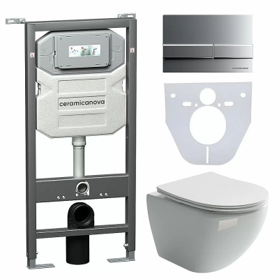 Унитаз подвесной Ceramica Nova Metropol CN4002_1002M_1000 безободковый, с крышкой микролифт, с инсталляцией и кнопкой матовый хром