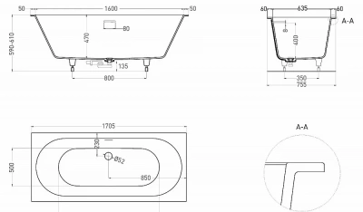 Ванна Salini Ornella AXIS KIT S-Sense 103513MRF 170x75 белая/полностью RAL матовая