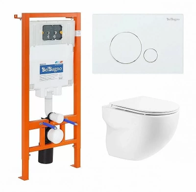 Унитаз подвесной BelBagno ONDA BB066CHR безободковый, с крышкой микролифт, с инсталляцией и белой кнопкой