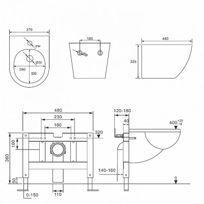 Комплект унитаза и биде с инсталляцией Abber Bequem AC1100MB-AC0105-AC0120MB-AC1150MB-AC0101P черный матовый/кнопка черная матовая, безободковый, с крышкой микролифт