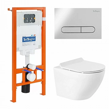 Унитаз подвесной BelBagno Sfera BB046CHR безободковый, с крышкой микролифт, с инсталляцией и кнопкой хром