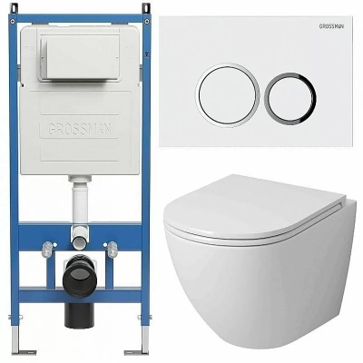 Унитаз подвесной с инсталляцией Grossman 97.4455SQ.01.000 белый/кнопка белая, безободковый, с крышкой микролифт, слив торнадо