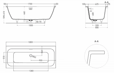 Ванна Salini Orlanda AXSIS KIT S-Stone 103322MRF 180x80 белая/полностью RAL матовая