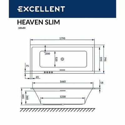 Ванна акриловая EXCELLENT Heaven Slim LINE WAEX.HEV18S.LINE.GL 180x80 белая с гидромассажем