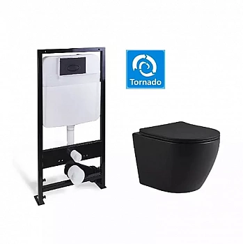 Унитаз SantiLine SL-5025MB+SL-03 безободковый, с инсталляцией, с крышкой микролифт, черный матовый/кнопка черная матовая