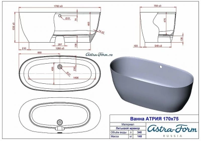 Ванна Astra Form Атрия 170х75 интегрированный перелив, белая