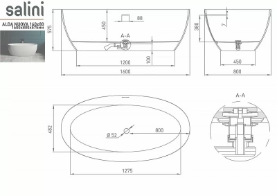 Ванна Salini ALDA NUOVA Up&Down S-Sense Sapirit 160х80 RAL глянец