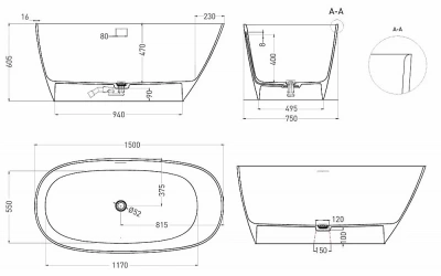 Ванна Salini Sofia S-Stone 102528MRH 150x75 белая/снаружи RAL матовая